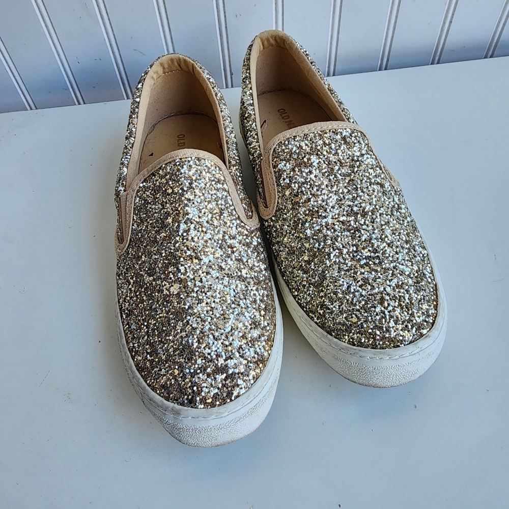 OLD NAVY Taupe Glitter Elastic Sneaker Slip On Womens Gold Size 8 - Picture 4 of 10